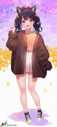 Rule 34 | 1girl, :d, animal ear fluff, animal ears, black footwear, black hair, blush, bow, brown jacket, brown shirt, commentary request, curly hair, fangs, fukumaru koito, full body, hair between eyes, hair bow, hand up, highres, idolmaster, idolmaster shiny colors, jacket, kemonomimi mode, kuri choko, long sleeves, open clothes, open jacket, open mouth, paw pose, pleated skirt, puffy long sleeves, puffy sleeves, purple eyes, red bow, shirt, shoes, signature, skirt, smile, socks, solo, standing, twintails, twitter username, white skirt, white socks, yellow bow