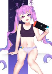 Rule 34 | 1girl, absurdres, ahoge, bandaid, bandaid on face, belly, bra, commission, eyelashes, feet out of frame, hair ornament, hairclip, handheld game console, heterochromia, highres, idol corp, jaqui, knees, looking at viewer, multicolored hair, navel, nintendo, nintendo switch, open mouth, panties, pink eyes, pink hair, purple bra, purple eyes, purple panties, riro ron, simple background, smile, star (symbol), teeth, thick eyebrows, tongue, twintails, underwear, underwear only, virtual youtuber