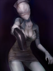 Rule 34 | 1girl, bad id, bad pixiv id, breasts, bubble head nurse, cleavage, gloves, hat, large breasts, lead pipe, monster girl, nurse, nurse cap, silent hill, silent hill (series), solo, teroru