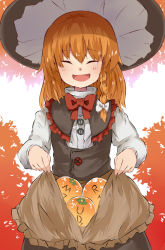 Rule 34 | 1girl, apron, apron basket, azusa (cookie), black capelet, black hat, black vest, blush, bow, bowtie, braid, brown apron, buttons, capelet, closed eyes, commentary request, cookie (touhou), cowboy shot, food, frilled apron, frilled capelet, frills, fruit, hair bow, hat, highres, kirisame marisa, long hair, long sleeves, open mouth, orange (fruit), orange hair, red bow, red bowtie, shirt, side braid, single braid, smile, solo, touhou, vest, waist apron, white bow, white shirt, witch hat, yumekamaborosh
