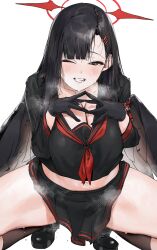 Rule 34 | 1girl, black eyes, black footwear, black gloves, black hair, black serafuku, black skirt, black wings, blue archive, blush, breasts, cleavage, clenched teeth, commentary, gloves, hair ornament, hairclip, halo, highres, ichika (blue archive), large breasts, loafers, long sleeves, looking at viewer, midriff, navel, neckerchief, one eye closed, poharo, red halo, red neckerchief, school uniform, serafuku, shoes, simple background, skirt, smile, solo, squatting, teeth, thighs, white background, wings