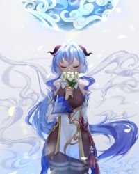 Rule 34 | absurdres, ahoge, artist name, bare shoulders, bell, black gloves, black legwear, blue hair, blush, breasts, chinese knot, closed eyes, covering own mouth, detached sleeves, flower, flower knot, ganyu (genshin impact), genshin impact, gloves, gold trim, highres, holding, holding flower, horns, iynnilla, long hair, magic, medium breasts, neck bell, orb, petals, qingxin flower, sidelocks, solo, standing, tassel, thighlet, twitter username, very long hair, vision (genshin impact), waist cape, white flower, white sleeves, wind
