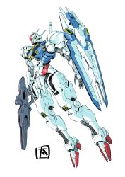 Rule 34 | floating, full body, green eyes, gun, gundam, gundam aerial, gundam suisei no majo, highres, holding, holding gun, holding weapon, looking up, mecha, mobile suit, no humans, ohtagaki yasuo, open hand, robot, science fiction, shield, simple background, solo, v-fin, weapon, white background