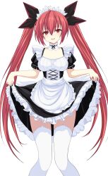 Rule 34 | 1girl, absurdres, apron, black bow, black ribbon, blush, bow, breasts, choker, clothes lift, cross-laced clothes, date a live, evgenvas, eyelashes, frilled apron, frilled skirt, frilled sleeves, frills, fringe trim, furrowed brow, garter belt, hair between eyes, hair ribbon, half-closed eyes, happy, head tilt, highres, itsuka kotori, long hair, looking at viewer, maid, maid headdress, medium breasts, puffy short sleeves, puffy sleeves, red eyes, red hair, ribbon, short sleeves, sidelocks, simple background, skirt, skirt lift, solo, teeth, thighhighs, twintails, upper teeth only, very long hair, white apron, white background, white choker, white garter belt, white thighhighs