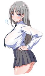 Rule 34 | 1girl, ?, absurdres, black necktie, blue eyes, breasts, collared shirt, commentary, cowboy shot, cropped legs, from side, grey hair, grey skirt, hands on own hips, highres, kamidan, large breasts, light blush, long hair, long sleeves, looking at viewer, necktie, original, parted lips, pleated skirt, school uniform, shirt, simple background, skirt, solo, white background, white shirt