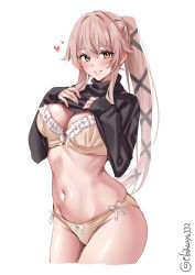 Rule 34 | 1girl, black sweater, blush, bra, breasts, clothes lift, cowboy shot, cropped legs, ebifurya, groin, heart, highres, kantai collection, large breasts, long hair, long sleeves, looking at viewer, navel, one-hour drawing challenge, open mouth, panties, pink hair, ponytail, simple background, smile, solo, sweater, sweater lift, turtleneck, turtleneck sweater, twitter username, underwear, very long hair, white background, yellow bra, yellow eyes, yellow panties, yura (kancolle), yura kai ni (kancolle)