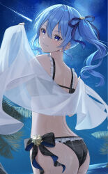 Rule 34 | 1girl, absurdres, ass, back, bikini, blue eyes, blue hair, bow, from behind, grin, hair ribbon, highres, holding shawl, hololive, hoshimachi suisei, looking at viewer, looking back, nakaneabura8623, night, night sky, ocean, outdoors, parted lips, plaid, plaid bikini, plaid bow, ribbon, see-through, see-through shawl, shawl, shooting star, side ponytail, sky, smile, solo, star (sky), star (symbol), star in eye, starry sky, swimsuit, symbol in eye, virtual youtuber, wet