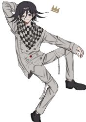 Rule 34 | 1boy, absurdres, arm behind head, black eyes, black footwear, black hair, blush, buttons, checkered clothes, checkered scarf, crown, danganronpa (series), danganronpa v3: killing harmony, double-breasted, flipped hair, grey jacket, grey pants, hair between eyes, highres, invisible chair, jacket, long sleeves, male focus, medium hair, oma kokichi, pants, scarf, simple background, sitting, sleeves past wrists, solo, wa noko, white background