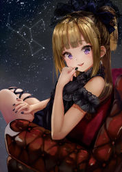 Rule 34 | 1girl, armchair, blush, brown hair, chair, earrings, hand on leg, hand on own thigh, head tilt, highres, jewelry, long hair, looking at viewer, nail polish, open mouth, original, pisuke, purple eyes, sidelocks, sitting, skindentation, smile, solo, star (sky)