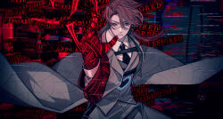 1boy absurdres black_necktie brown_hair censored_(e.g.o) censored_(project_moon) coat collared_shirt e.g.o_(project_moon) employee_(project_moon) grey_coat grey_pants grey_vest heterochromia highres lobotomy_corporation long_sleeves low_ponytail necktie nugget_(project_moon) pants parted_bangs project_moon shirt solo sound_of_a_star_(e.g.o) upper_body vest white_shirt yasuihiruya