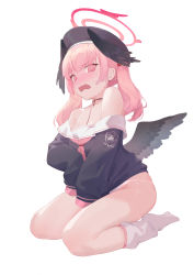 Rule 34 | 1girl, absurdres, black hat, black shirt, black wings, blue archive, blush, bra strap, full body, hat, head wings, highres, koharu (blue archive), long hair, looking at viewer, low wings, neckerchief, off shoulder, open mouth, panties, pink hair, pink neckerchief, ren huozhe, shirt, simple background, sitting, sleeves past fingers, sleeves past wrists, solo, thighs, twintails, underwear, white background, white legwear, white panties, winged hat, wings