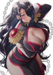 Rule 34 | 1girl, azuma fubuki, blush, braid, breasts, chain, cleavage, clothing cutout, commentary request, epaulettes, hair over one eye, hand up, highres, large breasts, lips, long hair, long sleeves, looking at viewer, mato seihei no slave, mature female, morimoto kiyona, shiny skin, simple background, smile, thighs, white background