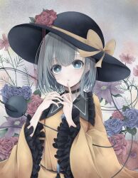 Rule 34 | 1girl, absurdres, blue eyes, blue flower, blue rose, blush, breasts, bright pupils, clematis (flower), finger to mouth, flower, flower request, frilled sleeves, frills, grey hair, hands up, hat, hat flower, highres, komeiji koishi, looking at viewer, medium breasts, medium hair, parted lips, pink flower, purple flower, red flower, red rose, rei rf, rose, shirt, solo, tilted headwear, touhou, upper body, wide sleeves, yellow shirt
