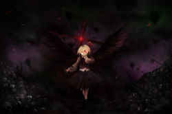 Rule 34 | 1girl, :d, black wings, blonde hair, blouse, bone, character name, creepy, cross, dark, darkness, evil, evil smile, finger to mouth, glowing, gracehoo, hair ribbon, horror (theme), open mouth, pile of skulls, red eyes, ribbon, rumia, shirt, short hair, skeleton, skirt, skull, smile, torn clothes, touhou, vest, weapon, wings