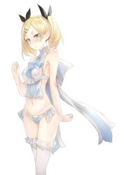 Rule 34 | 10s, 1girl, blonde hair, blue panties, blush, breasts, bridal garter, brown eyes, curvy, frills, full-face blush, grey thighhighs, hair ornament, hairclip, highres, medium breasts, navel, panties, ricci, shirobako, simple background, skindentation, solo, standing, thighhighs, twintails, underwear, white background, white thighhighs, yano erika