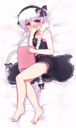 Rule 34 | 1girl, absurdres, bare arms, bare shoulders, barefoot, bed sheet, black bow, black dress, black hairband, blush, book, bow, braid, commentary request, dress, fate/extra, fate (series), frilled dress, frills, full body, hair bow, hair over shoulder, hairband, hand to own mouth, hand up, highres, long hair, low twintails, lying, nose blush, nursery rhyme (fate), on side, purple eyes, sleeveless, sleeveless dress, solo, striped bow, twin braids, twintails, very long hair, white hair, yuya090602
