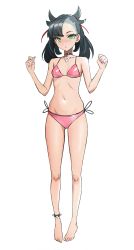 Rule 34 | 1girl, absurdres, asymmetrical bangs, bikini, black hair, choker, commentary, creatures (company), game freak, green eyes, highres, kiritzugu, looking at viewer, marnie (pokemon), medium hair, nintendo, open mouth, pink bikini, pokemon, pokemon sm, pokemon swsh, red ribbon, ribbon, simple background, solo, swimsuit, white background