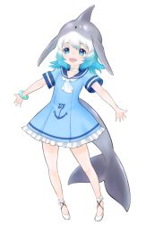 Rule 34 | 10s, 1girl, :d, anchor symbol, blue dress, blue eyes, blue hair, cetacean tail, choker, common bottlenose dolphin (kemono friends), dress, fins, fish tail, frilled dress, frills, full body, grey hair, ise (0425), kemono friends, kemono friends 2, looking at viewer, medium hair, multicolored hair, open mouth, outstretched arms, sailor dress, shoes, short sleeves, simple background, smile, solo, spread arms, tail, white background, white choker, white footwear, white hair