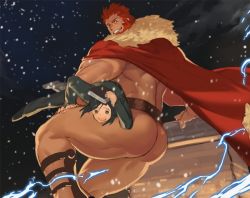 Rule 34 | 2boys, ass, ass focus, back, bara, beard, cape, carrying, carrying under arm, dark-skinned male, dark skin, facial hair, fate/zero, fate (series), feet out of frame, from below, fur-trimmed cape, fur trim, gomtang, gordius wheel (fate), iskandar (fate), leather, lightning bolt symbol, male focus, mature male, multiple boys, muscular, muscular male, naked cape, no pants, red cape, red eyes, red hair, short hair, size difference, sky, smirk, star (sky), starry sky, thick thighs, thighs, waver velvet