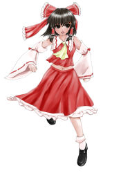 Rule 34 | 1girl, ankle socks, black eyes, black hair, bow, clenched hands, detached sleeves, facing viewer, full body, hair bow, hair tubes, hakurei reimu, kazu (rakugakino-to), looking away, navel, open mouth, running, shoes, short hair, simple background, skirt, skirt set, socks, solo, touhou, white background