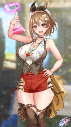 Rule 34 | 1girl, absurdres, atelier (series), atelier ryza, atelier ryza 3, bob cut, breast pocket, breasts, brown hair, brown vest, cleavage, clover hair ornament, collared shirt, dangle earrings, earrings, hair between eyes, hair ornament, highres, jewelry, large breasts, necklace, nez-box, pocket, reisalin stout, shirt, short hair, short shorts, shorts, sleeveless, star (symbol), star necklace, thighs, vest