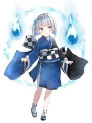 Rule 34 | 1girl, black footwear, black kimono, blue eyes, blue fire, blue flower, blue kimono, blunt bangs, blush, character request, fang, fire, flower, hair flower, hair ornament, highres, japanese clothes, kimono, long sleeves, looking at viewer, obi, parted lips, pointy ears, saeki sora, sandals, sash, short hair, short kimono, silver hair, simple background, socks, solo, standing, standing on one leg, tabi, tokyo conception, white background, white socks, wide sleeves, zouri