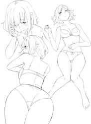Rule 34 | 1girl, ass, back, barefoot, blush, bow, bow bra, bow panties, bra, breasts, cleavage, cowboy shot, from behind, full body, hand on own stomach, lineart, lying, monochrome, multiple views, navel, on back, original, panties, profile, ryuuta (msxtr), short hair, sweat, underwear, underwear only
