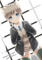 Rule 34 | 1girl, ahoge, animal ears, bad id, bad pixiv id, blue eyes, blush, braid, brown hair, cat ears, character name, copyright name, curtains, dress shirt, dutch angle, eyes visible through hair, green necktie, hair ribbon, hands in opposite sleeves, highres, jacket, lynette bishop, necktie, panties, ribbon, sei000, shirt, single braid, smile, solo, strike witches, striped clothes, striped thighhighs, sweater, thighhighs, underwear, white panties, window, world witches series