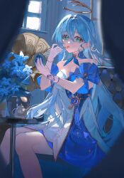 Rule 34 | 1girl, absurdres, aqua eyes, asymmetrical gloves, bare shoulders, blue dress, blue hair, cosmetics, detached sleeves, dress, earrings, feet out of frame, gloves, halo, hands up, head wings, highres, holding, holding lipstick tube, holding mirror, honkai: star rail, honkai (series), iinagi (kashiwa keira), indoors, jewelry, lipstick, lipstick tube, long hair, looking at viewer, makeup, mirror, parted lips, robin (honkai: star rail), short sleeves, sitting, solo, strapless, strapless dress, teapot, two-tone dress, uneven gloves, white dress, white gloves, white wings, window, wings