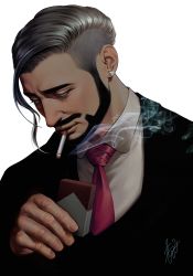 Rule 34 | 1boy, absurdres, black hair, black jacket, business suit, cigarette, cigarette pack, collared shirt, creatures (company), dark-skinned male, dark skin, earrings, facial hair, formal, game freak, green eyes, hand up, highres, jacket, jewelry, male focus, mouth hold, necktie, nintendo, pokemon, pokemon swsh, red necktie, rose (pokemon), shirt, short hair, signature, simple background, smoke, smoking, solo, suit, undercut, upper body, waiwai mura, white background, white shirt