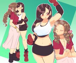 Rule 34 | 2girls, aerith gainsborough, arm up, armpits, black shirt, blush, brown hair, dress, elbow gloves, final fantasy, final fantasy vii, final fantasy vii remake, gloves, green background, hug, incipient kiss, jacket, long hair, low-tied long hair, midriff, miniskirt, multiple girls, pink dress, pinkbitchy, red gloves, red jacket, shirt, simple background, skirt, smell, smelling, sniffing armpits, standing, tank top, tifa lockhart, toned, yuri