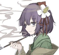 Rule 34 | 1girl, absurdres, commentary request, expressionless, flower, from side, hair between eyes, hair flower, hair ornament, hieda no akyuu, highres, hisha (kan moko), japanese clothes, kimono, kiseru, long sleeves, looking to the side, purple eyes, purple hair, red ribbon, ribbon, short hair, simple background, smoke, smoking, smoking pipe, solo, touhou, white background