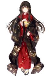 Rule 34 | 1girl, black footwear, black hair, closed mouth, commentary request, floral print, full body, hair between eyes, highres, japanese clothes, japanese mythology, kimono, kiyohime, long hair, long sleeves, looking at viewer, mochizuki shiina, obi, off shoulder, open clothes, print kimono, red kimono, sandals, sash, simple background, smile, solo, standing, tabi, very long hair, white background, white legwear, wide sleeves, yellow eyes, zouri