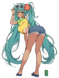 1girl :q anklet aqua_eyes aqua_hair ass bent_over blue_shorts bracelet brazilian_miku commentary cropped_shirt dark-skinned_female dark_skin denim denim_shorts earrings eyewear_on_head flower from_behind full_body hair_flower hair_ornament hand_up hatsune_miku jewelry long_hair looking_at_viewer looking_back messy_hair miyuchiq navel sandals shirt short_shorts shorts simple_background smile solo sunglasses t-shirt tan tanline tongue tongue_out twintails very_long_hair vocaloid white_background yellow_shirt