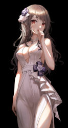 Rule 34 | 1girl, bare arms, bare shoulders, black background, breasts, brown hair, choker, cleavage, cowboy shot, dress, flower, hair flower, hair ornament, hand on own face, highres, long hair, looking at viewer, lunacle, medium breasts, open mouth, original, pelvic curtain, purple flower, red eyes, simple background, sleeveless, sleeveless dress, solo, wavy hair, white choker, white dress