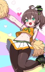 Rule 34 | 1girl, :d, adapted costume, ahoge, arm behind back, blush, breasts, brown hair, brown pantyhose, cat hair ornament, cheerleader, commentary request, cowboy shot, green eyes, green ribbon, hair ornament, heart, heart background, highres, hololive, kani bonara, long hair, natsuiro matsuri, natsuiro matsuri (1st costume), navel, neck ribbon, open mouth, pantyhose, pleated skirt, pom pom (cheerleading), ribbon, side ponytail, skirt, small breasts, smile, solo, standing, standing on one leg, stomach, two-tone skirt, virtual youtuber