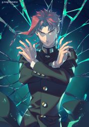 Rule 34 | 1boy, artist name, closed mouth, crossed arms, earrings, fingernails, green jacket, hierophant green, highres, jacket, jewelry, jojo no kimyou na bouken, kakyoin noriaki, kotatsu (g-rough), light frown, long sleeves, looking at viewer, male focus, narrow waist, red hair, serious, short hair with long locks, solo, stand (jojo), standing, stardust crusaders, upper body, v-shaped eyebrows, yellow eyes