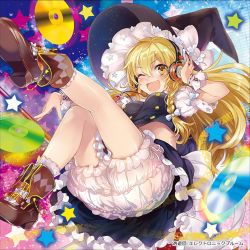 Rule 34 | 1girl, ;d, album cover, ankle boots, ass, black skirt, blonde hair, bloomers, blush, boots, bow, braid, breasts, brown footwear, buckle, cd, commentary, cover, double-breasted, frilled skirt, frills, hair bow, hand on headphones, hand up, hat, hat bow, headphones, jewelry, kirisame marisa, leg up, legs, long hair, looking at viewer, medium breasts, midriff, musou yuchi, navel, necklace, one eye closed, open mouth, petticoat, puffy short sleeves, puffy sleeves, shoe soles, short sleeves, side braid, single braid, skirt, skirt set, smile, socks, solo, star (symbol), starry background, touhou, underwear, v-shaped eyebrows, white bow, witch hat, wrist cuffs, yellow eyes