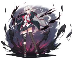 Rule 34 | asymmetrical legwear, black jacket, braid, counter:side, dagger, full body, highres, holding, holding dagger, holding knife, holding weapon, jacket, knife, long hair, mismatched legwear, necktie, official art, orca (counter:side), pouch, red eyes, single braid, skirt, solo, thigh pouch, transparent background, weapon, white hair