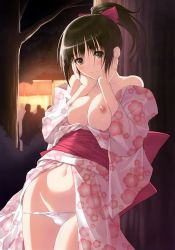 Rule 34 | 00s, 1girl, absurdres, bare shoulders, blush, bow, bow panties, breasts squeezed together, breasts, brown eyes, brown hair, cameltoe, cleavage, fault!!, groin, hair bow, hands on own face, highres, japanese clothes, kimono, looking at viewer, navel, nipples, obi, off shoulder, panties, panty pull, ponytail, saeki ai, sash, scan, smile, solo, tony taka, tree, underwear, white panties, yukata