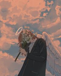 Rule 34 | 1boy, angel, angel devil (chainsaw man), chainsaw man, dekurya, dusk, feathered wings, flower, formal, highres, long hair, non-web source, red hair, solo, suit, wings