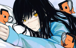 Rule 34 | 1girl, black hair, chainsaw man, close-up, closed mouth, cross scar, expressionless, facial scar, looking at viewer, lying, on stomach, pajamas, pochita (chainsaw man), resting, ringed eyes, sailen0, scar, scar on cheek, scar on face, scar on nose, upper body, yellow eyes, yoru (chainsaw man)