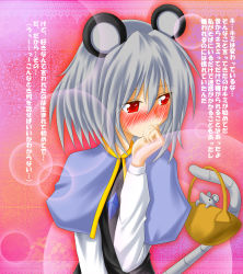 Rule 34 | 1girl, animal ears, basket, blush, capelet, confession, female focus, grey hair, highres, jewelry, kamumiya, mouse (animal), mouse ears, mouse tail, nazrin, pendant, pov, red eyes, s-anast-xpsp3, solo, tail, touhou, translation request