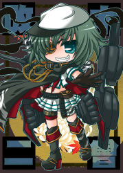 Rule 34 | 10s, 1girl, aqua eyes, brown gloves, cape, chino (ch no), eyepatch, gloves, green hair, grin, hand on own hip, hat, highres, kantai collection, kiso (kancolle), kiso kai ni (kancolle), looking at viewer, machinery, navel, pleated skirt, school uniform, serafuku, short hair, skirt, smile, solo