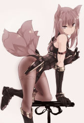 Rule 34 | 1girl, animal ears, armlet, bad id, bad pixiv id, bare shoulders, black gloves, black pantyhose, boots, breasts, brown eyes, brown hair, elbow gloves, fox ears, fox tail, gloves, highres, leotard, long hair, looking at viewer, multiple tails, on one knee, open mouth, original, pantyhose, solo, tail, thighband pantyhose, touma kisa