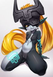 Rule 34 | 1girl, arm support, blonde hair, breasts, cleft of venus, colored sclera, fat mons, grey background, helmet, highres, iwbitu, long hair, looking at viewer, midna, navel, nintendo, no nipples, nude, pointy ears, ponytail, red eyes, sitting, small breasts, smile, the legend of zelda, the legend of zelda: twilight princess, thighs, uncensored, yellow sclera
