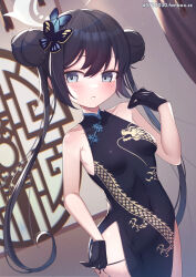 1girl bare_shoulders black_dress black_gloves black_hair black_panties blue_archive blush braid braided_bun breasts butterfly_hair_ornament china_dress chinese_clothes covered_navel double_bun dragon_print dress gloves grey_eyes grey_halo hair_bun hair_ornament halo highres indoors kisaki_(blue_archive) long_hair looking_at_viewer panties print_dress side-tie_panties sleeveless sleeveless_dress small_breasts solo string_panties twintails underwear uneg