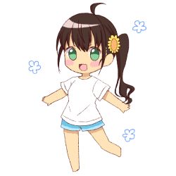 Rule 34 | 1girl, :d, barefoot, blue shorts, blush stickers, brown hair, chibi, flower, green eyes, hair between eyes, hair flower, hair ornament, head tilt, long hair, looking at viewer, niizato aoi, non non biyori, open mouth, shika (s1ka), shirt, short shorts, short sleeves, shorts, side ponytail, simple background, smile, solo, standing, standing on one leg, sunflower, sunflower hair ornament, white background, white shirt, yellow flower
