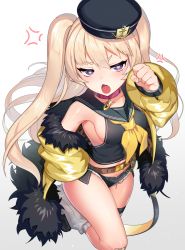 Rule 34 | 1girl, anger vein, angry, armpits, azur lane, bache (azur lane), bandaid, bandaid on knee, bandaid on leg, belt, belt buckle, black sailor collar, black shorts, black vest, blonde hair, breasts, buckle, collar, collarbone, commentary request, denim, denim shorts, dollar sign, fang, from above, fur-trimmed jacket, fur trim, hat, heart, heart-shaped pupils, highres, jacket, kinsenka momi, long hair, looking at viewer, medium breasts, micro shorts, midriff, navel, neckerchief, off shoulder, open mouth, purple eyes, red collar, sailor collar, sailor hat, short shorts, shorts, sideboob, sidelocks, simple background, skin fang, sleeveless, solo, standing, standing on one leg, symbol-shaped pupils, two side up, vest, white background, yellow neckerchief