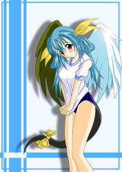 Rule 34 | 1girl, arc system works, asymmetrical wings, bad anatomy, blue hair, clothes pull, dizzy (guilty gear), embarrassed, guilty gear, gym uniform, long hair, lowres, poorly drawn, red eyes, ribbon, shirt pull, shirt tug, solo, tail, tail ornament, tail ribbon, twintails, wings